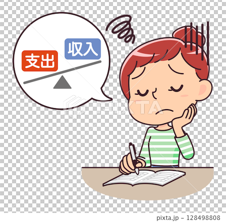 Illustration of a woman worrying about a deficit while keeping a household account book Illustration of a woman worrying about a deficit while keeping a household account book 128498808