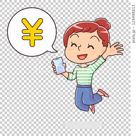 一位幸福的女人在智慧型手機上查看存款的插圖 一位幸福的女人在智慧型手機上查看存款的插圖 128498813
