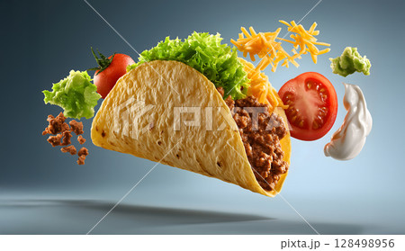Delicious taco with tortilla, meat, lettuce, cheese, tomato, and sour cream floating in mid air, creating appetizing visual delight 128498956