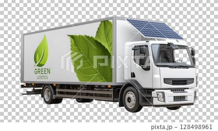 Green logistics delivery truck featuring green leaf logo and solar panels, symbolizing eco friendly transportation solutions Green logistics delivery truck featuring green leaf logo and solar panels, symbolizing eco friendly transportation solutions 128498961