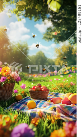 Vibrant summer garden with colorful flowers and a picnic spread under bright sunlight 128499161
