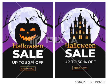 Halloween Sale. Set of banners with pumpkin and castle with scary night landscape on the background of the moon. 128499205
