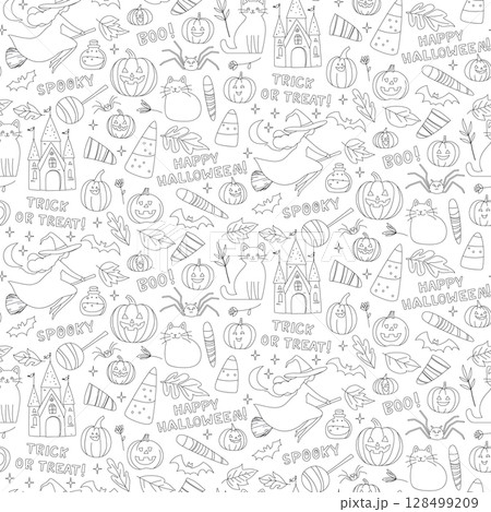 Halloween Seamless Doodle Pattern with Witches, Cats, Pumpkins and Candy Background Halloween Seamless Doodle Pattern with Witches, Cats, Pumpkins and Candy Background 128499209