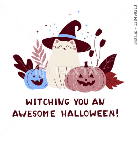 Cute Halloween Cat with Witch Hat and Pumpkins Cozy Fall Greeting Card Cute Halloween Cat with Witch Hat and Pumpkins Cozy Fall Greeting Card 128499213