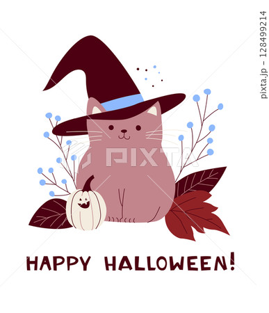 Cute Halloween Cat with Witch Hat and Pumpkins Cozy Fall Greeting Card. Cute Halloween Cat with Witch Hat and Pumpkins Cozy Fall Greeting Card. 128499214