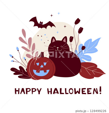 Cute Halloween Cat with Pumpkins Cozy Fall Greeting Card. 128499226