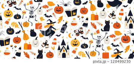 Seamless Halloween Pattern with Witches, Pumpkins, Cats and Castle Cute Flat Vector Seamless Halloween Pattern with Witches, Pumpkins, Cats and Castle Cute Flat Vector 128499230