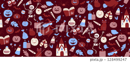 Seamless Halloween Pattern with Witches, Jack-o-Lanterns Pumpkins, Cats and Spooky Castle Seamless Halloween Pattern with Witches, Jack-o-Lanterns Pumpkins, Cats and Spooky Castle 128499247