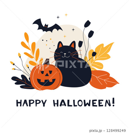 Cute Halloween Cat with Pumpkins Cozy Fall Greeting Card. 128499249
