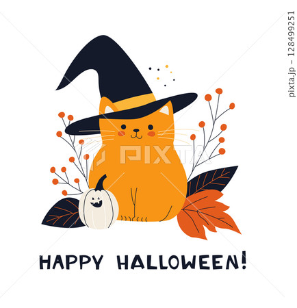 Cute Halloween Cat with Witch Hat and Pumpkins Cozy Fall Greeting Card. 128499251