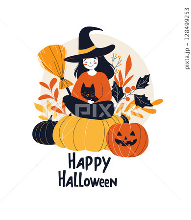 Cute Witch with Black Cat Sitting on Pumpkin Cozy Halloween Illustration 128499253