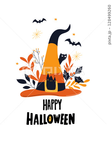 Witch Hat with Cat and Bats Cozy Halloween Greeting card 128499260