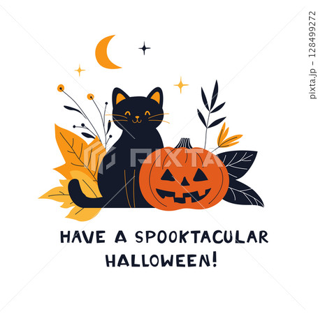 Cute Halloween Cat with Pumpkins Cozy Fall Greeting Card Cute Halloween Cat with Pumpkins Cozy Fall Greeting Card 128499272