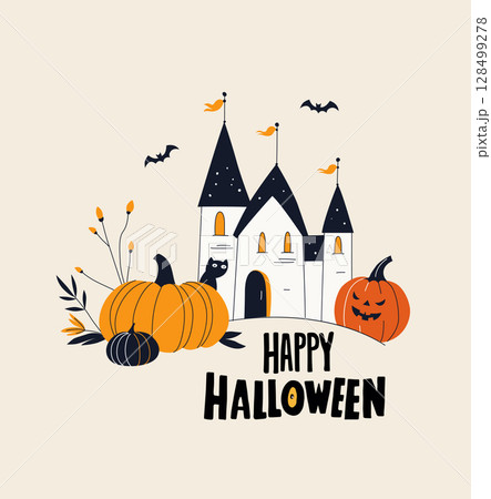 Haunted Halloween Castle with Pumpkins and Bats Spooky Vector Greeting Card Haunted Halloween Castle with Pumpkins and Bats Spooky Vector Greeting Card 128499278