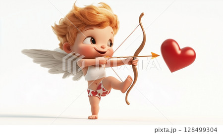Playful 3D Cupid aiming heart-shaped arrow on a white background Playful 3D Cupid aiming heart-shaped arrow on a white background 128499304