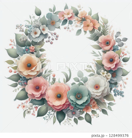 パステルカラーの花のリース・フレーム素材(透明背景) パステルカラーの花のリース・フレーム素材(透明背景) 128499376