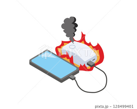 スマホに充電中に発火するモバイルバッテリー 128499401