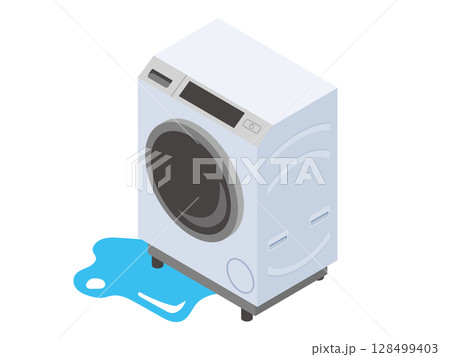 床に水漏れしているドラム式洗濯機 128499403