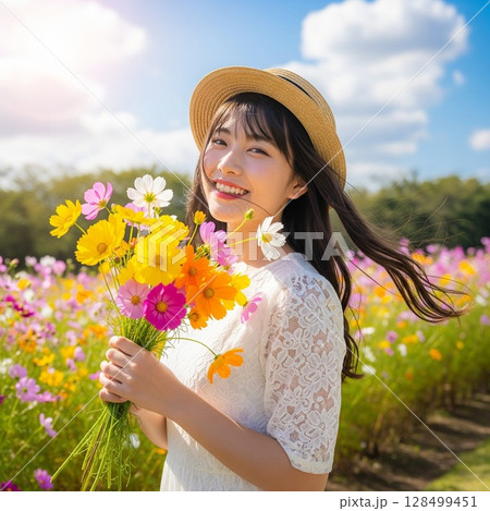 コスモス畑で花束を持ち笑顔を見せる麦わら帽子の女性 128499451