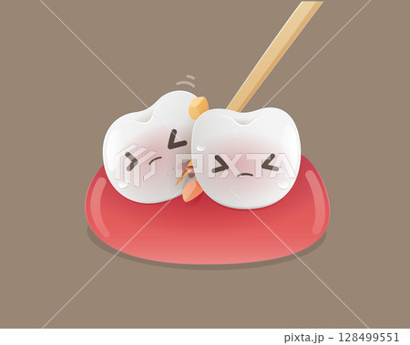 Cute dental cartoon showing gum bleeding from toothpick injury perfect for health topics. Cute dental cartoon showing gum bleeding from toothpick injury perfect for health topics. 128499551