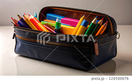 Pencil Case with Assorted Stationery Items. Back to School Concept. Generated image Pencil Case with Assorted Stationery Items. Back to School Concept. Generated image 128500076