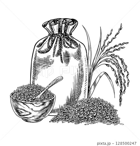 Burlap bags and a wooden bowl with rice or oats, wheat or rye. Black and white graphics, vector illustrations. Design element for menus, recipes, and cookbooks. For banners, flyers, packaging, labels. Burlap bags and a wooden bowl with rice or oats, wheat or rye. Black and white graphics, vector illustrations. Design element for menus, recipes, and cookbooks. For banners, flyers, packaging, labels. 128500247