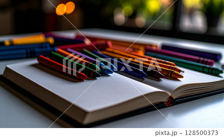 Crayons and Sketchbook on Tabletop. Back to School Concept. Generated image 128500373