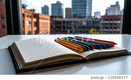 Crayons and Sketchbook on Tabletop. Back to School Concept. Generated image 128500377