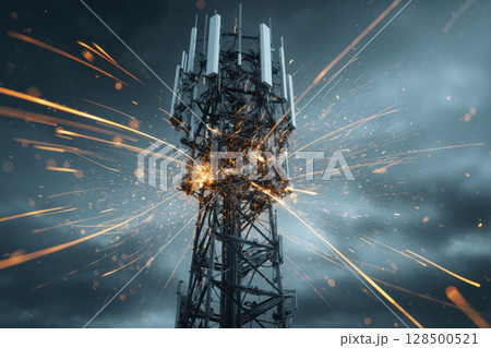 Sparks fly from a cell tower during a stormy evening in an urban area 128500521