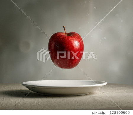 Fresh red apple floating above a plain white plate on a gray background in a minimalist photography style 128500609