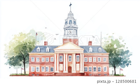 Independence Hall. Independence Hall hand drawn watercolor illustration 128500681