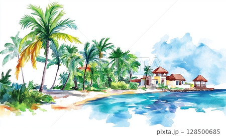 Isla Mujeres. Isla Mujeres hand drawn watercolor illustration Isla Mujeres. Isla Mujeres hand drawn watercolor illustration 128500685