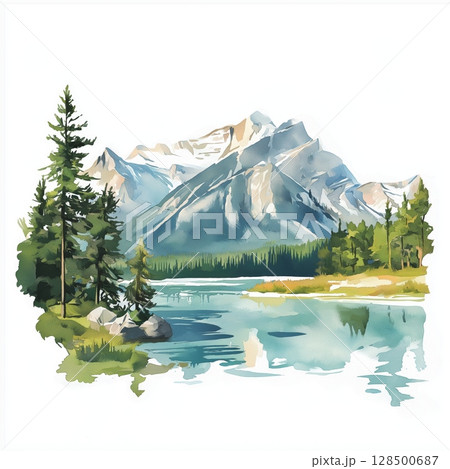 Jasper National Park. Jasper National Park hand drawn watercolor illustration Jasper National Park. Jasper National Park hand drawn watercolor illustration 128500687