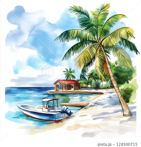 Montego Bay. Montego Bay hand drawn watercolor illustration Montego Bay. Montego Bay hand drawn watercolor illustration 128500715