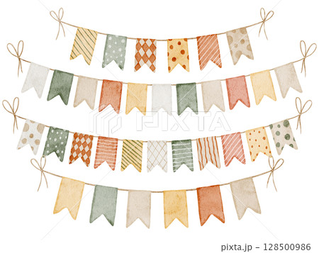 Watercolor illustration of Garlands with Flags in soft boho colors. Drawing of pennants for baby showers greeting cards or childish party invitations. Art for nursery decorations and festivity decor. 128500986
