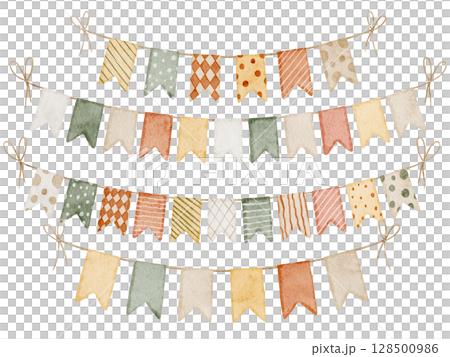 Watercolor illustration of Garlands with Flags in soft boho colors. Drawing of pennants for baby showers greeting cards or childish party invitations. Art for nursery decorations and festivity decor. 128500986
