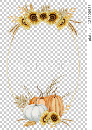 Watercolor autumn card Template with oval floral Frame of pumpkins, sunflowers, wheat, and fall leaves. Illustration of Border for harvest festival greetings, seasonal invitations, or stationery. 128500988