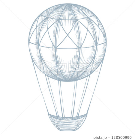 Retro vector illustration of hot air Balloon. Linear pastel blue drawing of vintage Aircraft for Baby shower invitations or childish greeting cards. Outline sketch of Aerostat for nursery posters. 128500990
