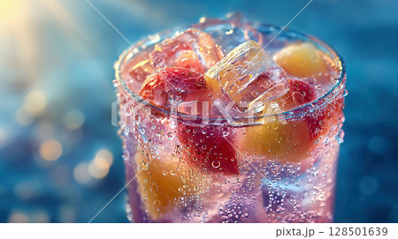 氷と果実がきらめくピンクのフルーツソーダと夏の涼感 128501639