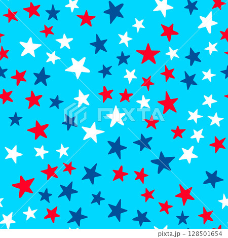 American patriotic seamless pattern. USA traditional backdrop.  Red white stars on blue background. Vector template for fabric, textile, wrapping paper, wallpaper, etc. 128501654