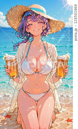 海辺でビールを飲む水着の若い女性 128501869