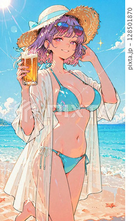 海辺でビールを飲む水着の若い女性 128501870