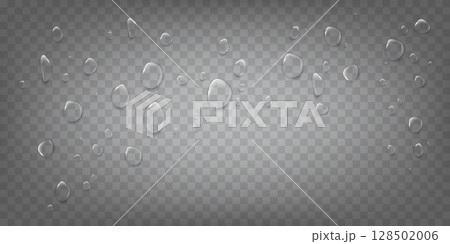 Realistic transparent water drops on dark wide background Realistic transparent water drops on dark wide background 128502006