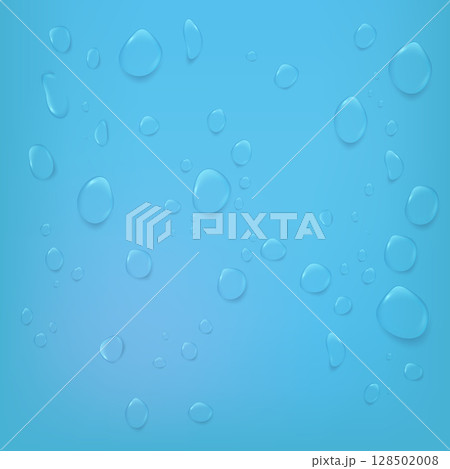 Realistic water drops on blue fresh background Realistic water drops on blue fresh background 128502008