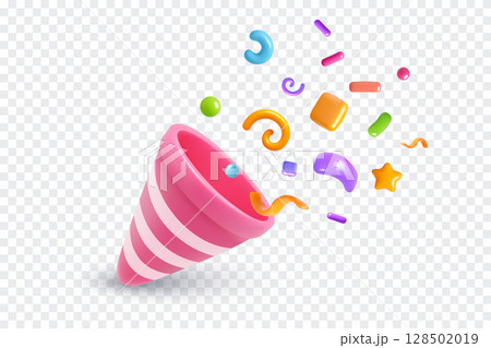 3D pink striped party popper with colorful confetti burst 3D pink striped party popper with colorful confetti burst 128502019