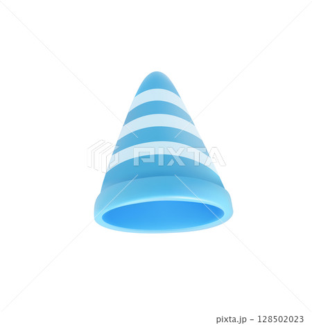 Blue 3D cone or party hat with white stripes on white 128502023