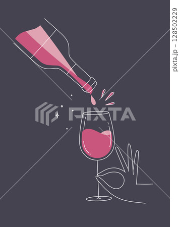 Hand hold glass of wine and bottle dark blue 128502229