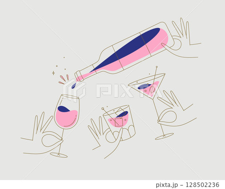 Cocktails glasses with bottle beige 128502236