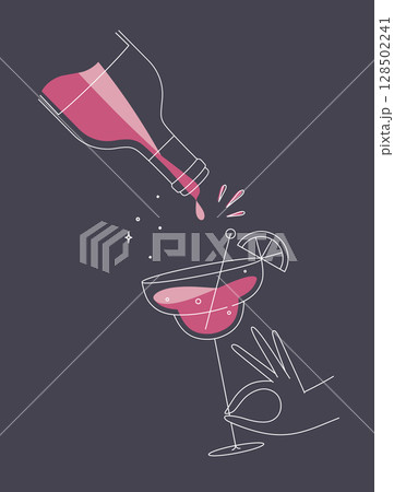 Hand hold glass of margarita cocktail and bottle dark blue Hand hold glass of margarita cocktail and bottle dark blue 128502241