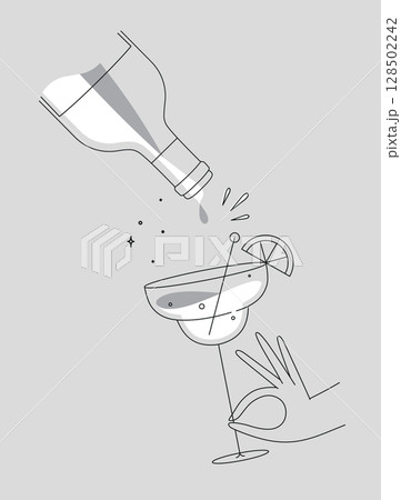 Hand hold glass of margarita cocktail and bottle grey Hand hold glass of margarita cocktail and bottle grey 128502242